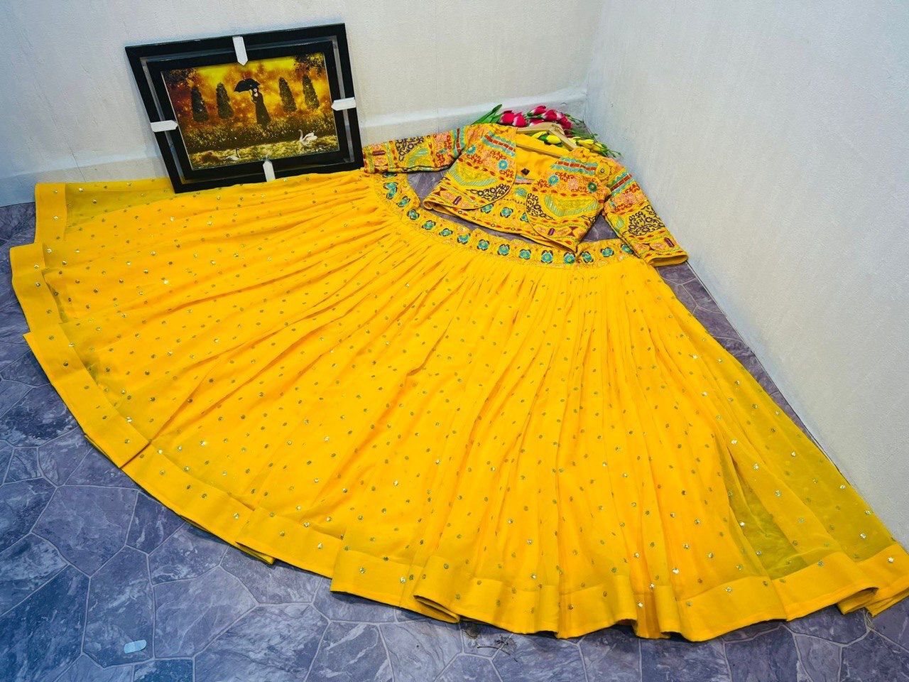 Women Fox Gorgette With Multi Color Embroidery Lehengas...