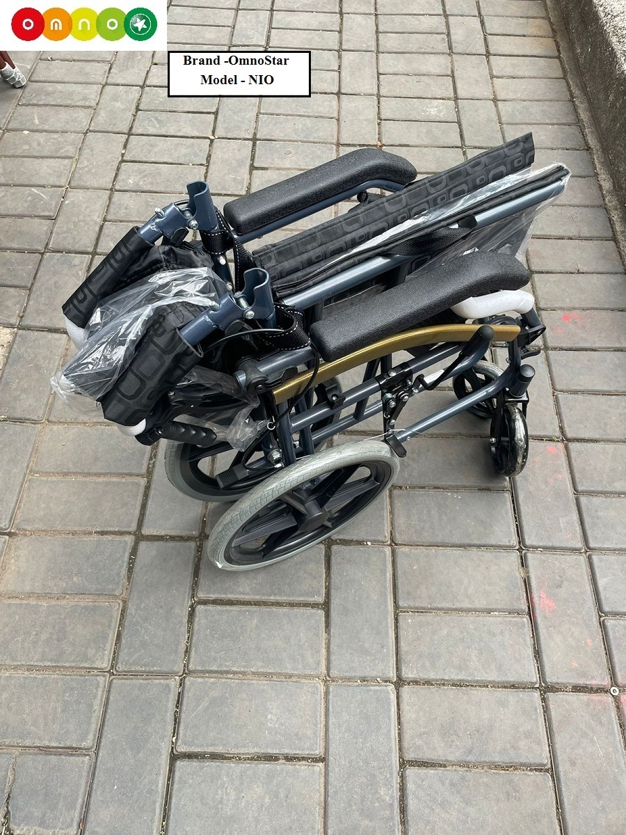 Lightweight Wheelchair Omnostar Nio - Ms Frame 11kg 100kg Load Bearing Portable & Foldable Adjustable Armrest Detachable Brake Solid Castor Type