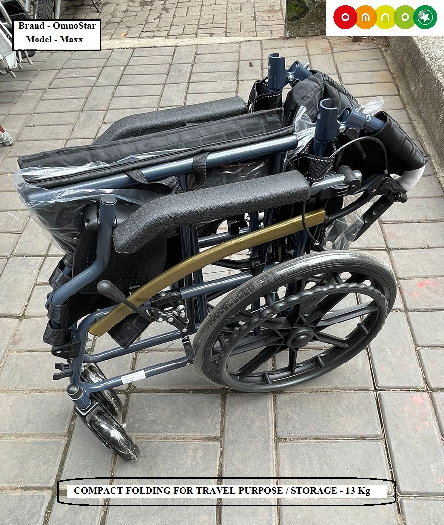 Lightweight Wheelchair Omnostar Maxx - 13 Kilograms Portable And Foldable Design | Flip Up Arm Rest Soft Cushion With Safety Belt Dual Brakes Attendant Brake With Auto Lock Compact For Travel
