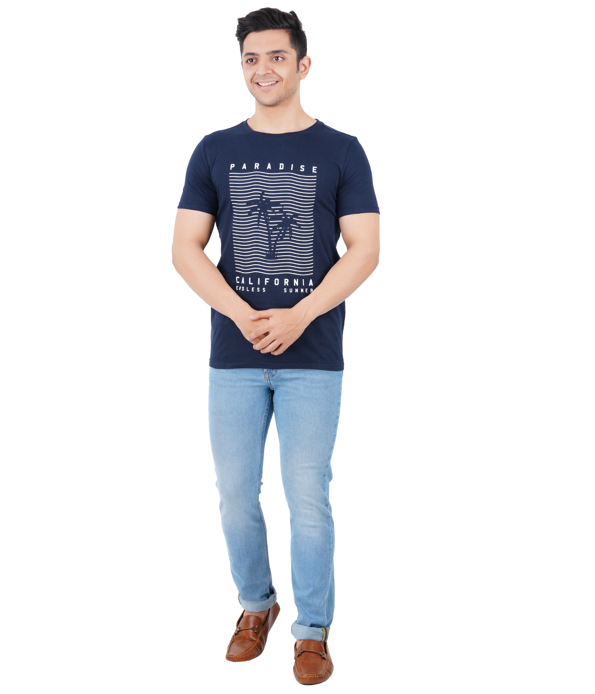 Casual T-shirts - 100% Cotton, Navy Color, Short Sleeves, Sizes M, L, Xl
