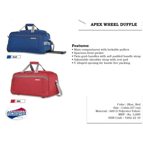 American Tourister Apex Wheel Duffle - 600d Polyester Fabric , Moisture Proof, Zipper Top Handle, Available In Red & Blue