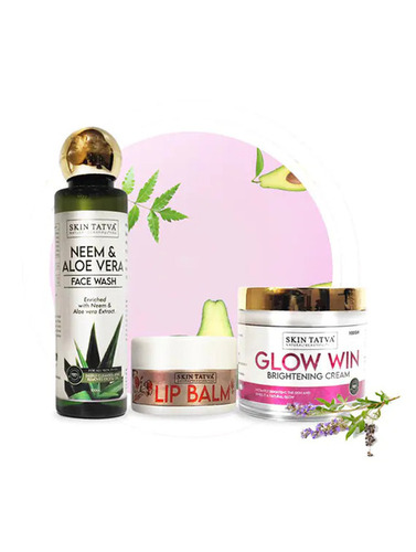 कॉस्मेटिक ब्रश नीम एलो वेरा फेस वॉश ग्लो विन क्रीम लिप बाम कॉम्बो