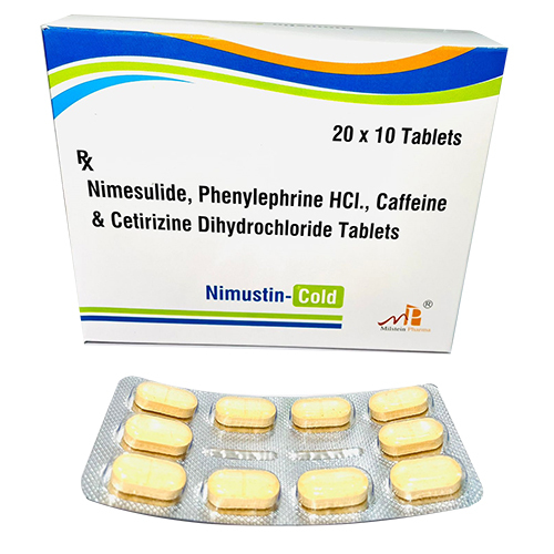 निमस्टिन कोल्ड सामग्री: निमेसुलाइड फिनाइलफ्राइन कैफीन और सेट्रिज़िन टैबलेट