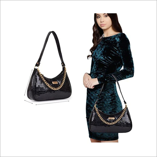 Fancy Ladies Black Handbag - Shiny Leather, Curved Design , Chain Handle, Zipper Closure | Elegant Style for Events and Weddings