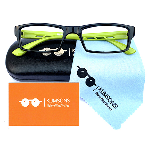 Kids T33 Natural Green Anti Blue Ray Glasses - Glass Lenses, Transparent Color | Stylish Black And Green Frame, Eye Protection For Ages 3-12