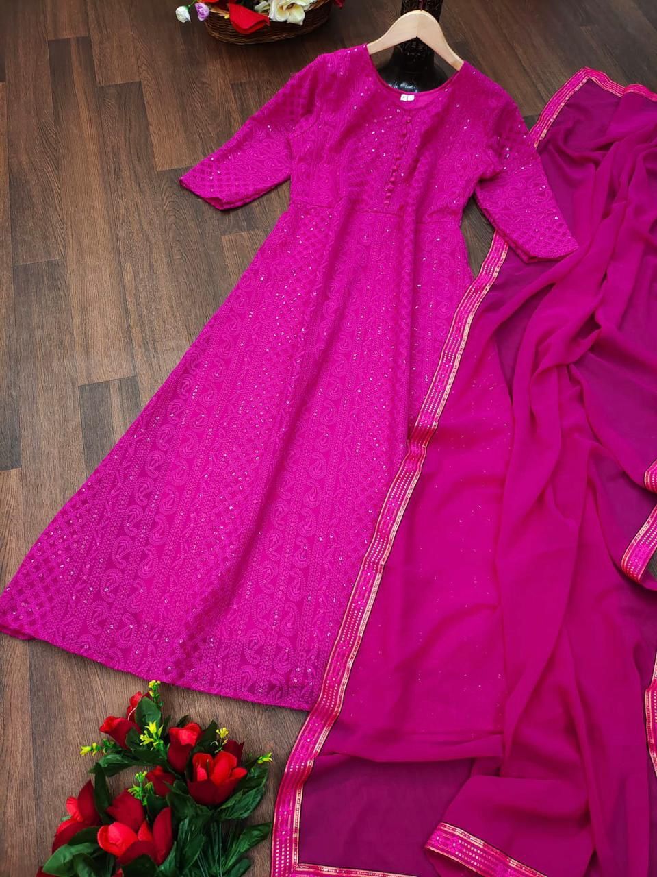 Aarohi Pink Georgette Kurti Decoration Material: Laces