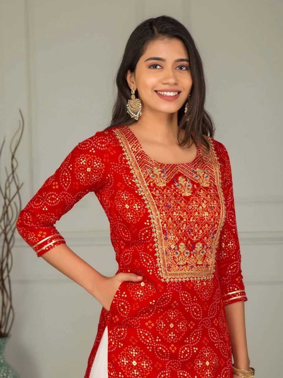 Riya Red Rayon Kurti Decoration Material: Laces