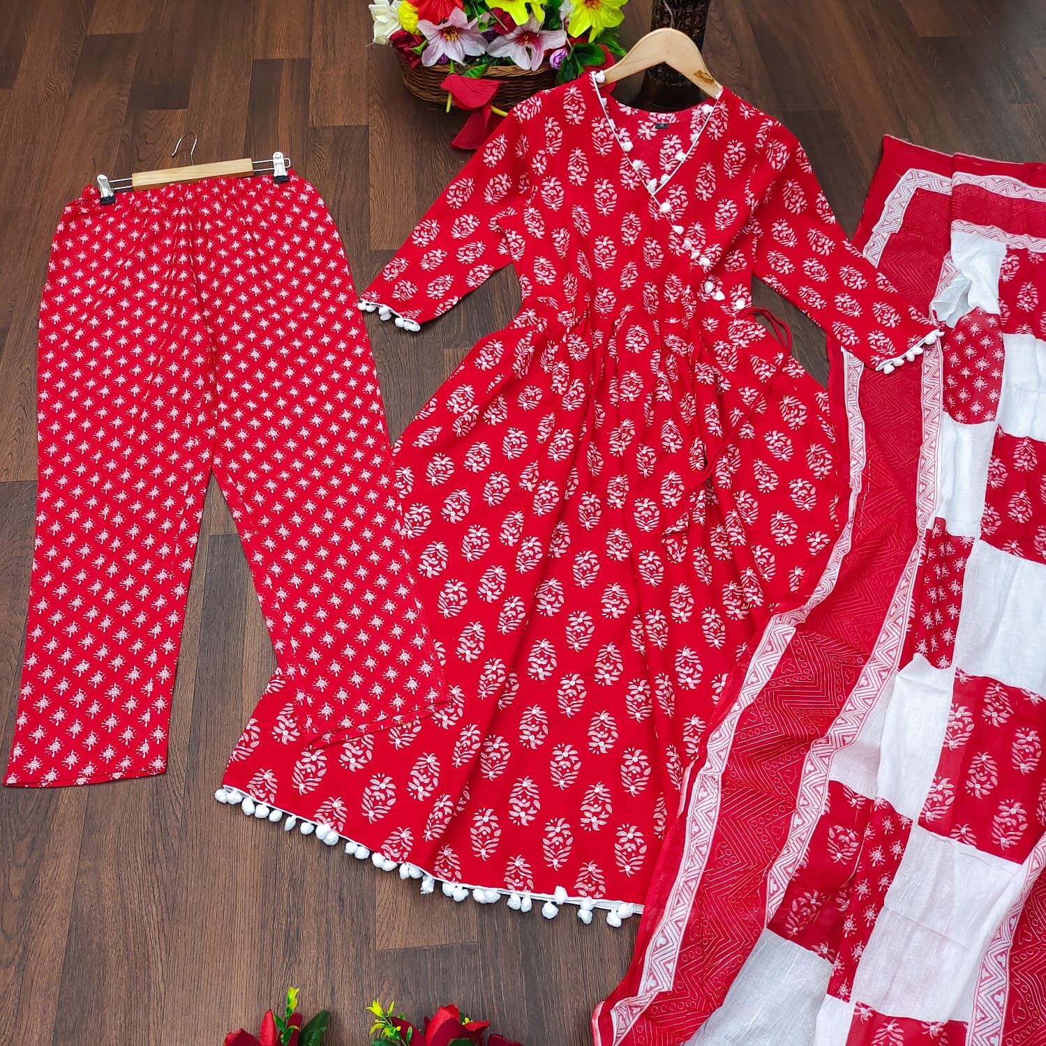 Feny Red Rayon Kurti Decoration Material: Laces