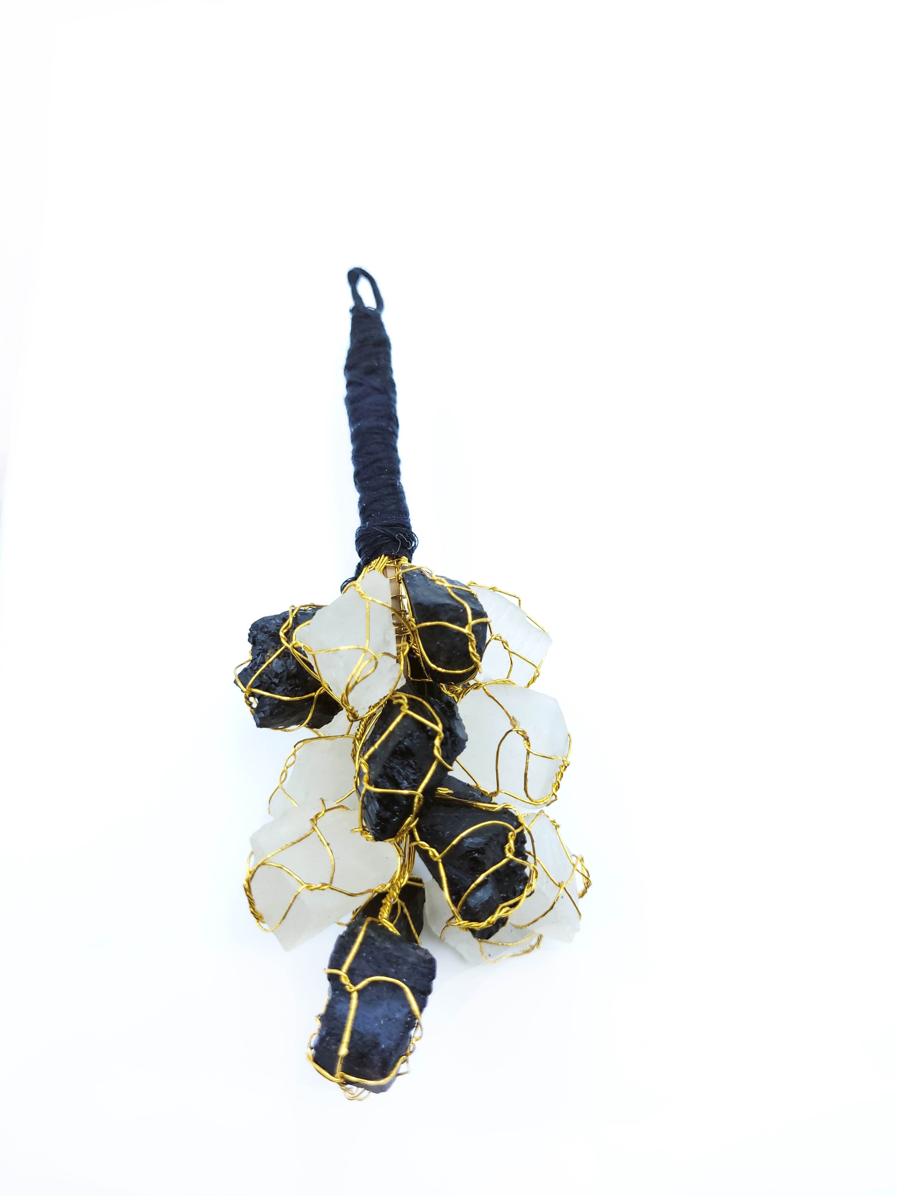 Selenite With Black Tourmaline Hanger - Natural Stone, Black + White Color, Powerful Protection Against Negativity And Emf Radiation