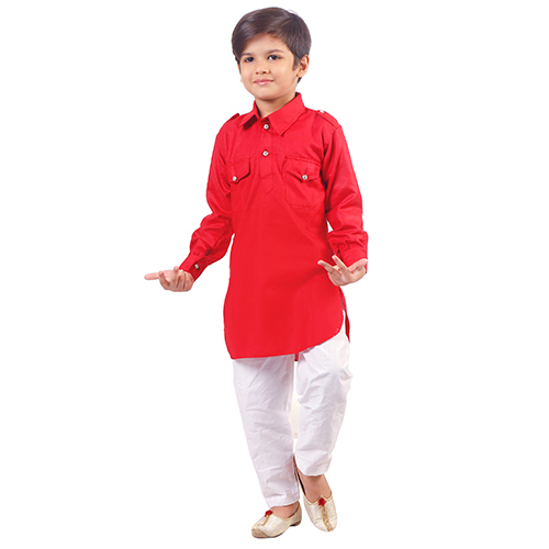 Cotton Pathani Suit - Modern Design, Full Sleeves | Quick Dry, Washable, Red And White For Boys
