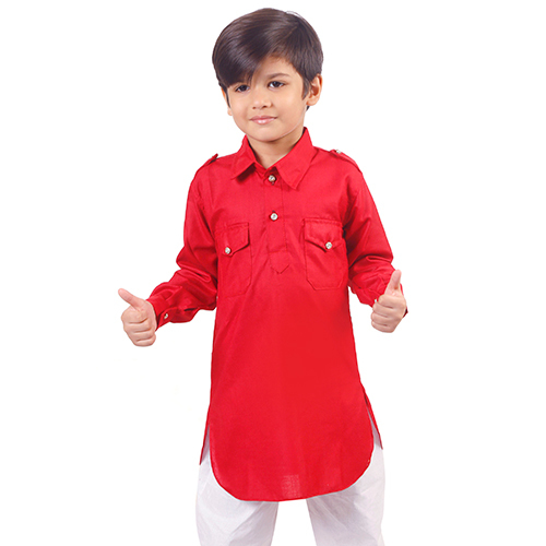 Cotton Pathani Suit - Modern Design, Full Sleeves | Quick Dry, Washable, Red And White For Boys