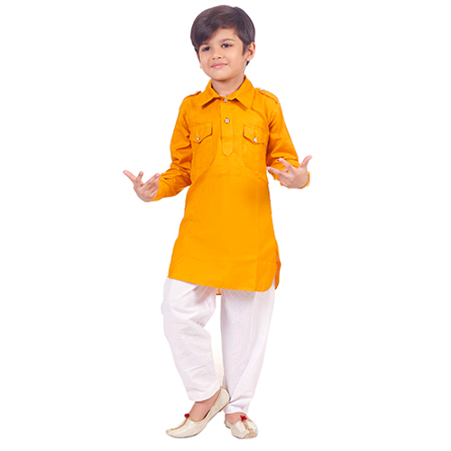 Boys Pathani Suit - Cotton, Full Sleeves, Yellow & White | Quick Dry, Washable, Modern Style