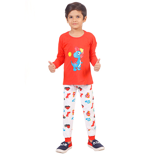 Boys Round Neck T-shirt And Trouser - Cotton, Full Sleeves, Red | Quick Dry, Washable For Comfortable All-day Wear