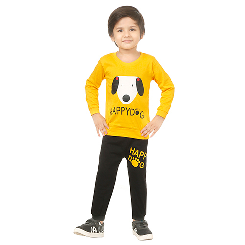 Boys Dog Printed T-shirt And Trouser - Cotton Blend, Yellow Color | Quick Dry, Washable, Full Sleeves, Fun Printed Pattern
