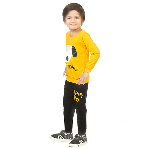 Boys Dog Printed T-shirt And Trouser - Cotton Blend, Yellow Color | Quick Dry, Washable, Full Sleeves, Fun Printed Pattern