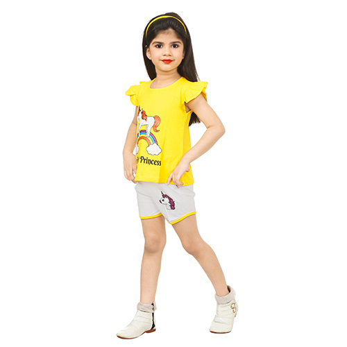 Girl Yellow T-shirt And Shorts - Cotton, Sleeveless, Yellow Color | Quick Dry, Washable, Perfect For Special Occasions