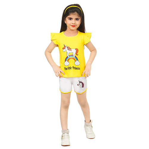 Girl Yellow T-shirt And Shorts - Cotton, Sleeveless, Yellow Color | Quick Dry, Washable, Perfect For Special Occasions