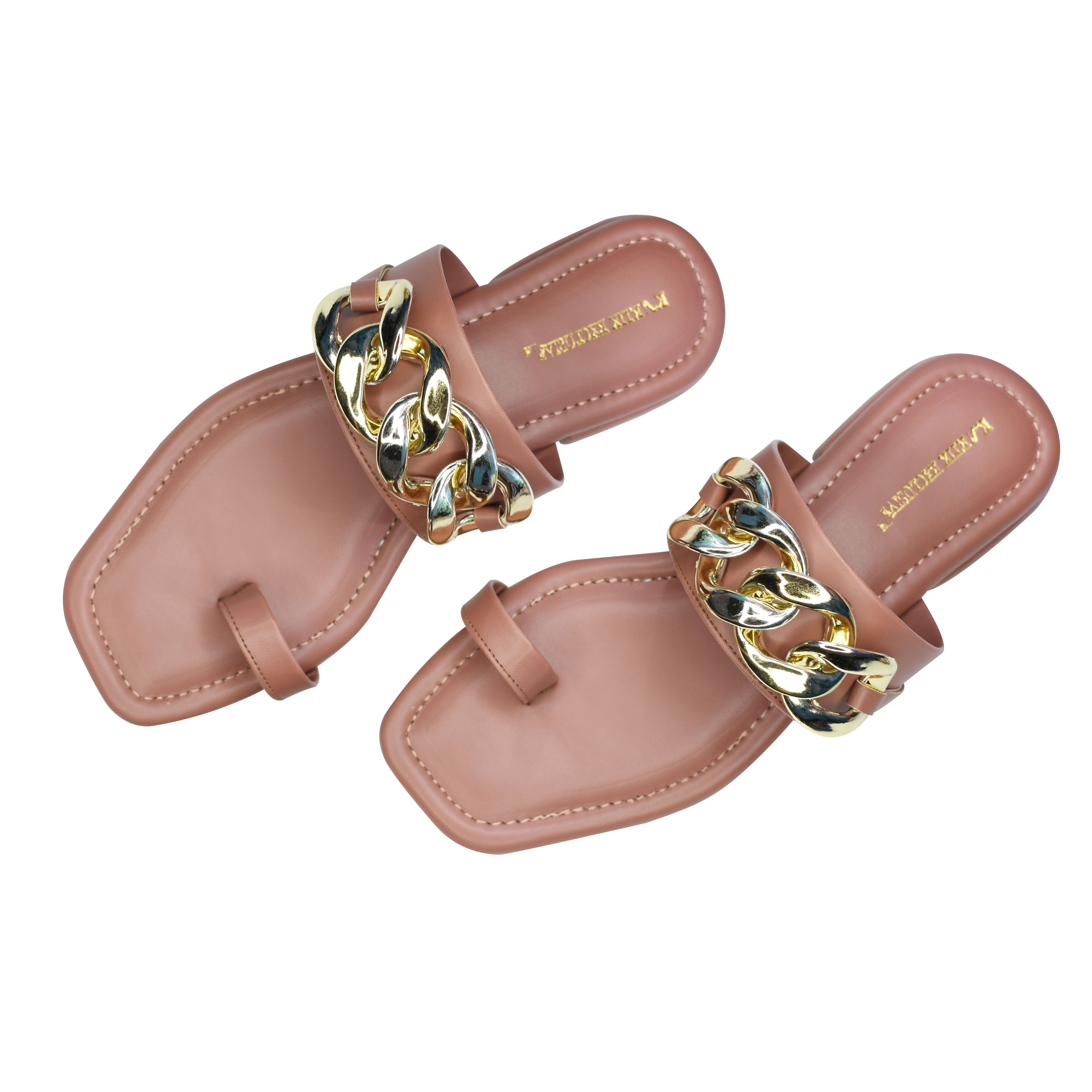 Ladies Brown Color Leather Golden Chain Flats Sandal - Available In Different Sizes, Pu Upper Material, Warranty Included