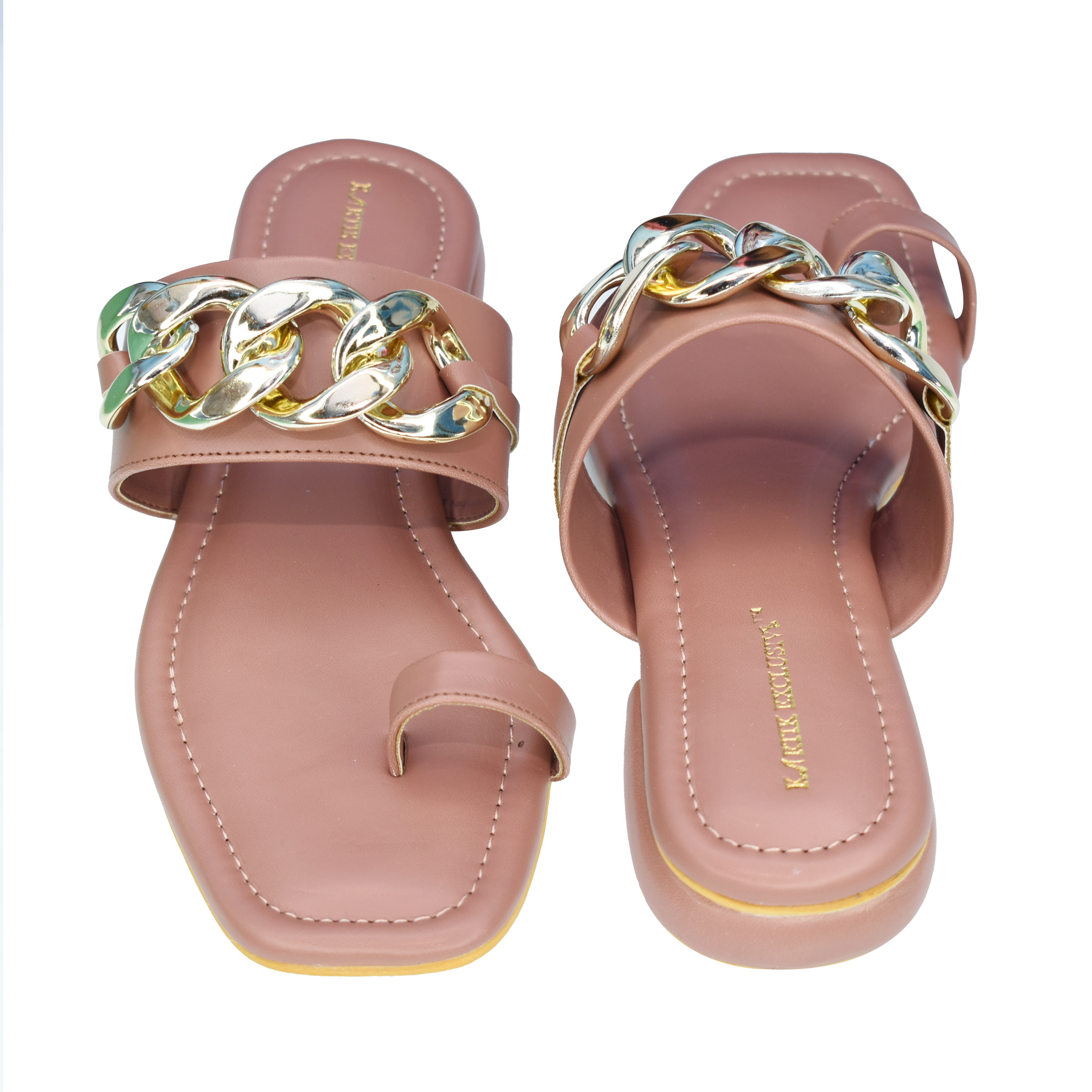 Ladies Brown Color Leather Golden Chain Flats Sandal - Available In Different Sizes, Pu Upper Material, Warranty Included