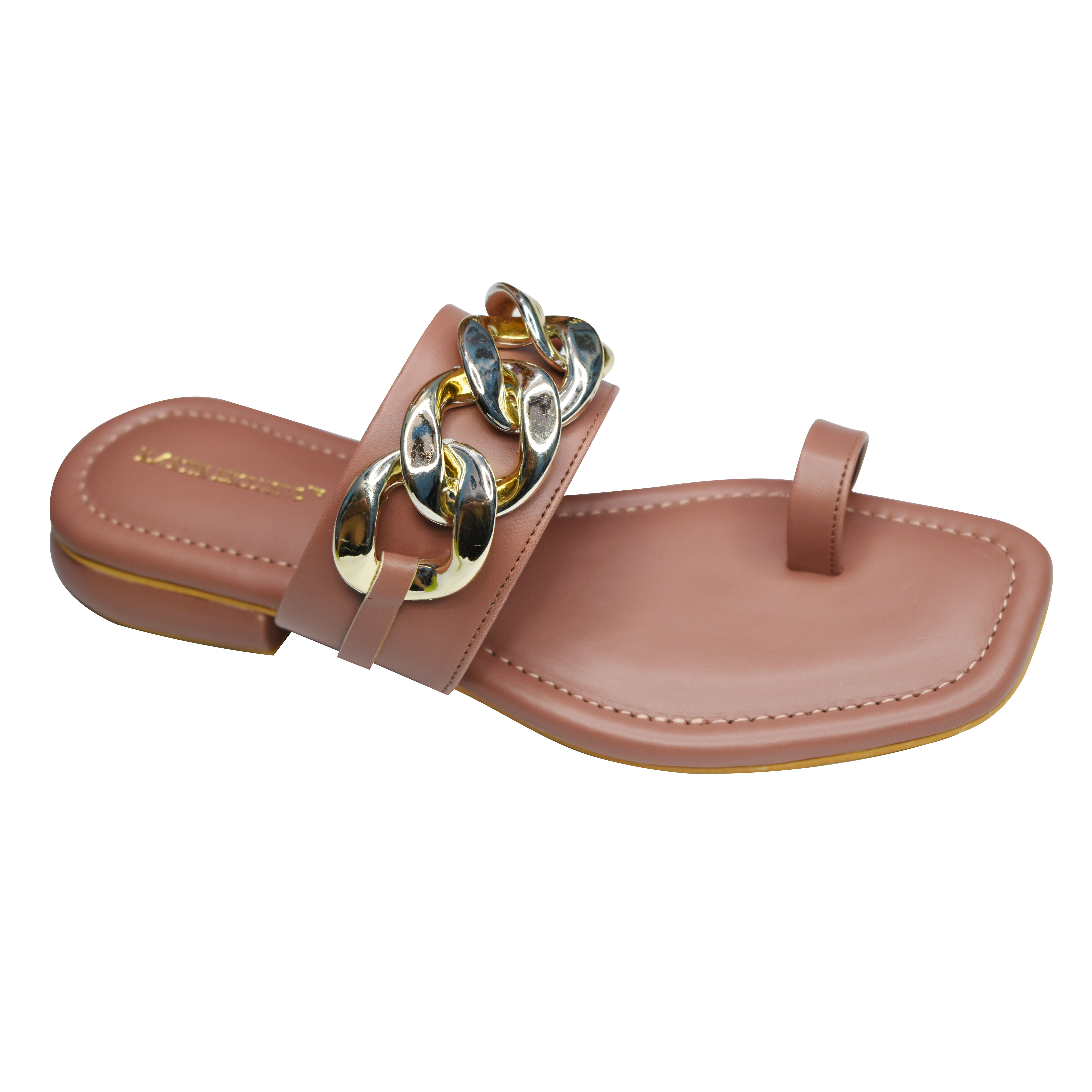 Ladies Brown Color Leather Golden Chain Flats Sandal - Available In Different Sizes, Pu Upper Material, Warranty Included