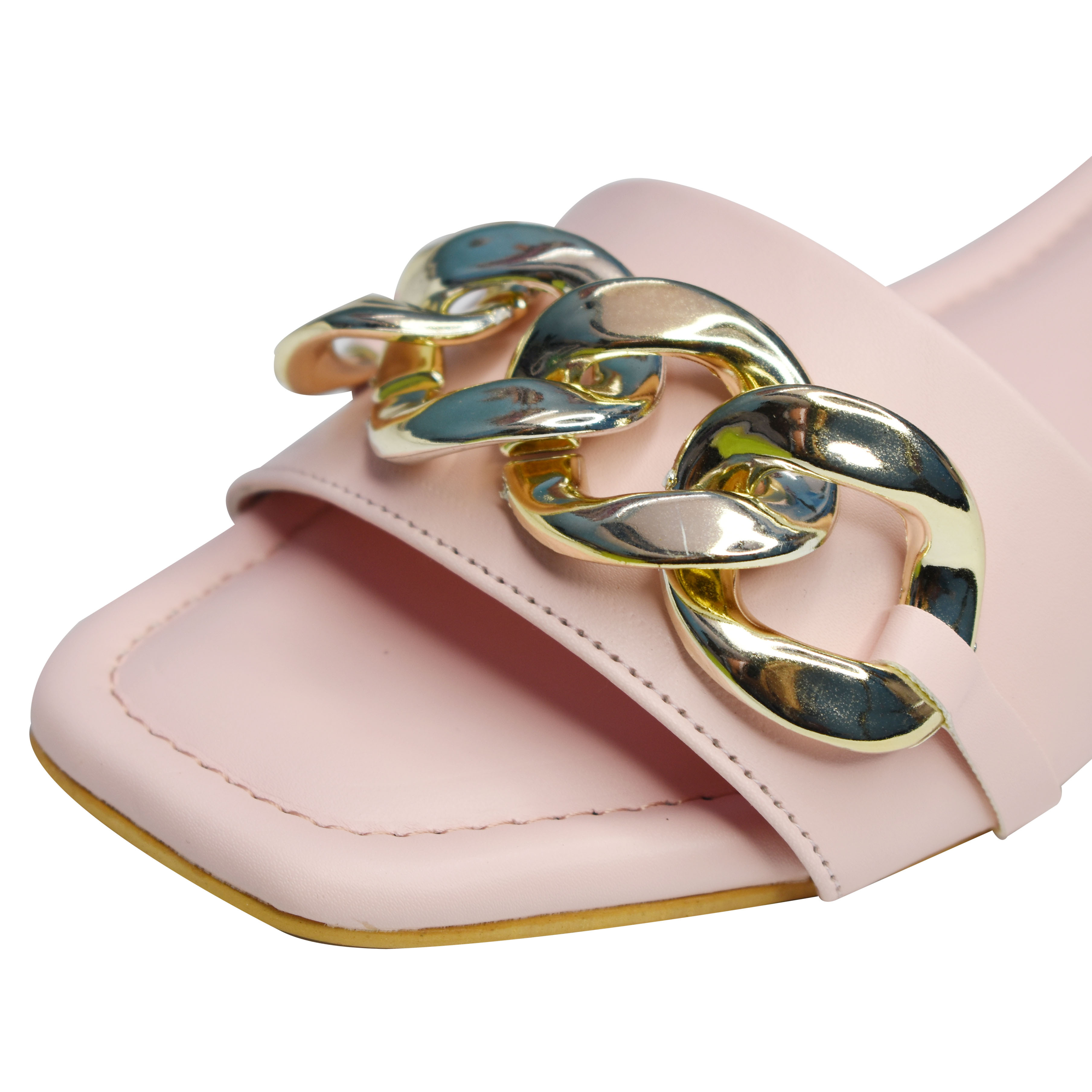 Pink Color Golden Chain Flats Sandal - Pu Upper Material, Available In Different Sizes | Flat Heel, Stylish Design For Women, Leather Material