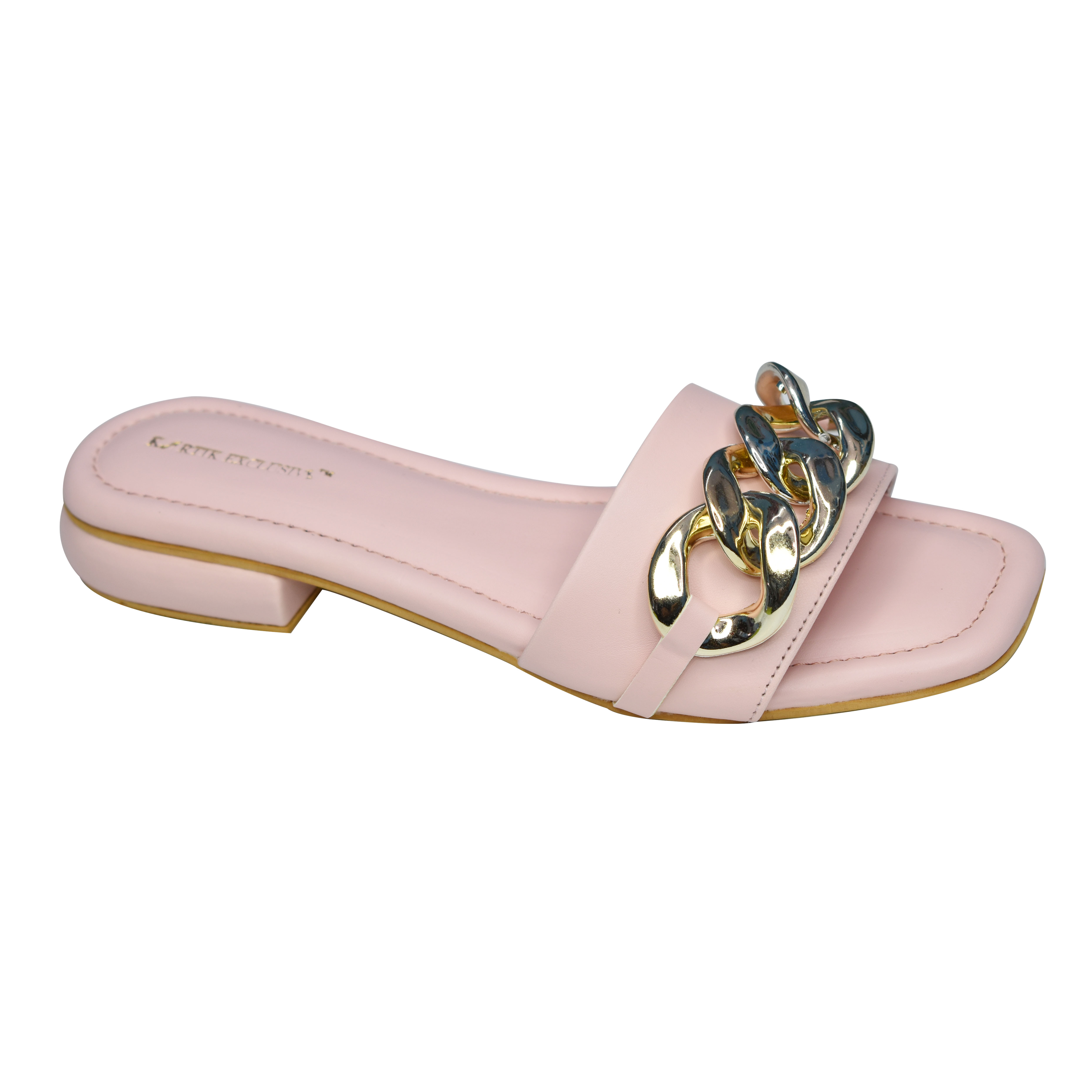Pink Color Golden Chain Flats Sandal - Pu Upper Material, Available In Different Sizes | Flat Heel, Stylish Design For Women, Leather Material