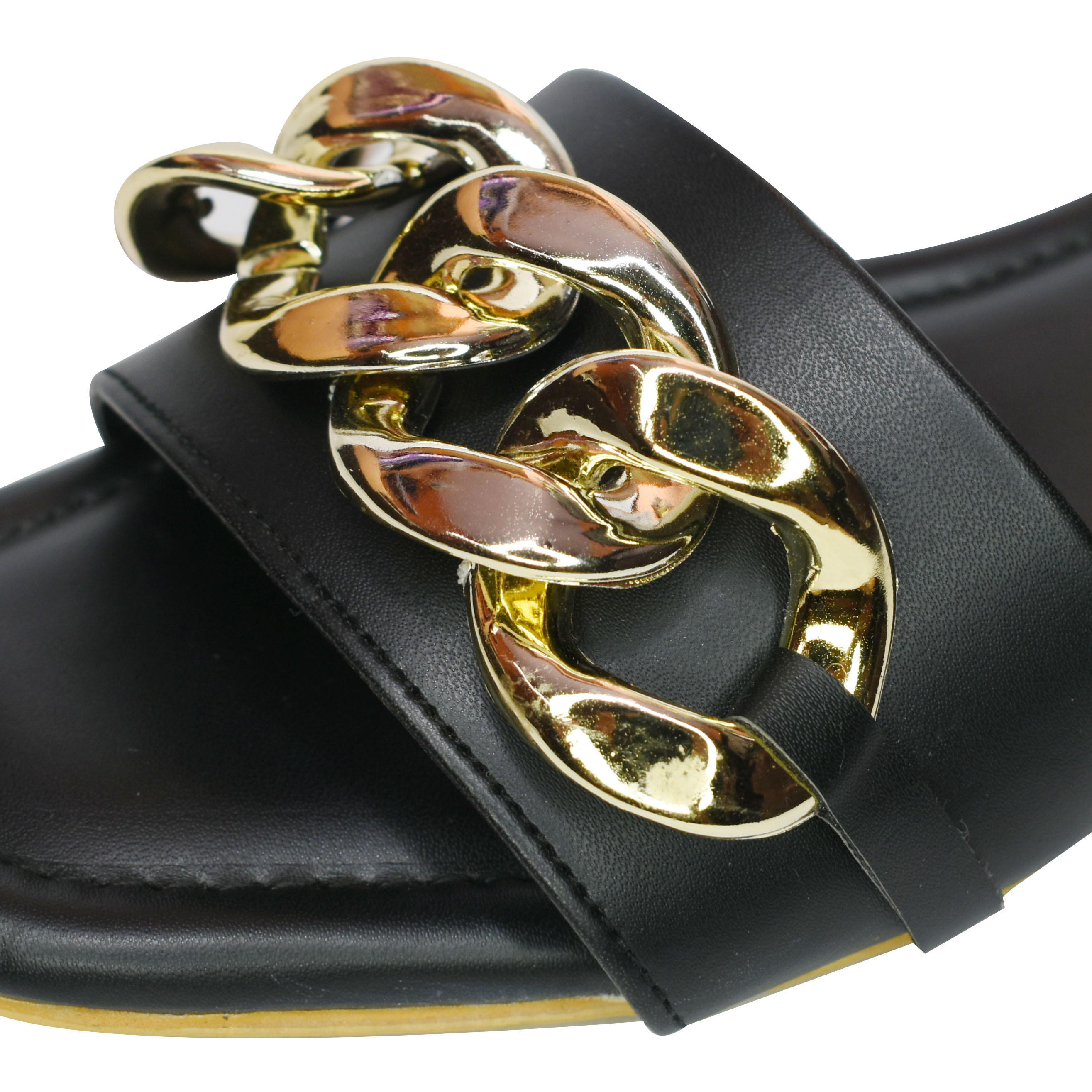 Black Color Golden Chain Flat Sandal Leather, Different