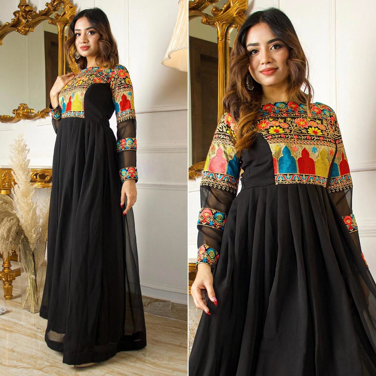 Premium Designer Gown - Cotton Lining, 56 Inch Length, Black | Flared 3.5 Mtr Flair, Full Sleeves, Multi Thread Embroidery, Washable