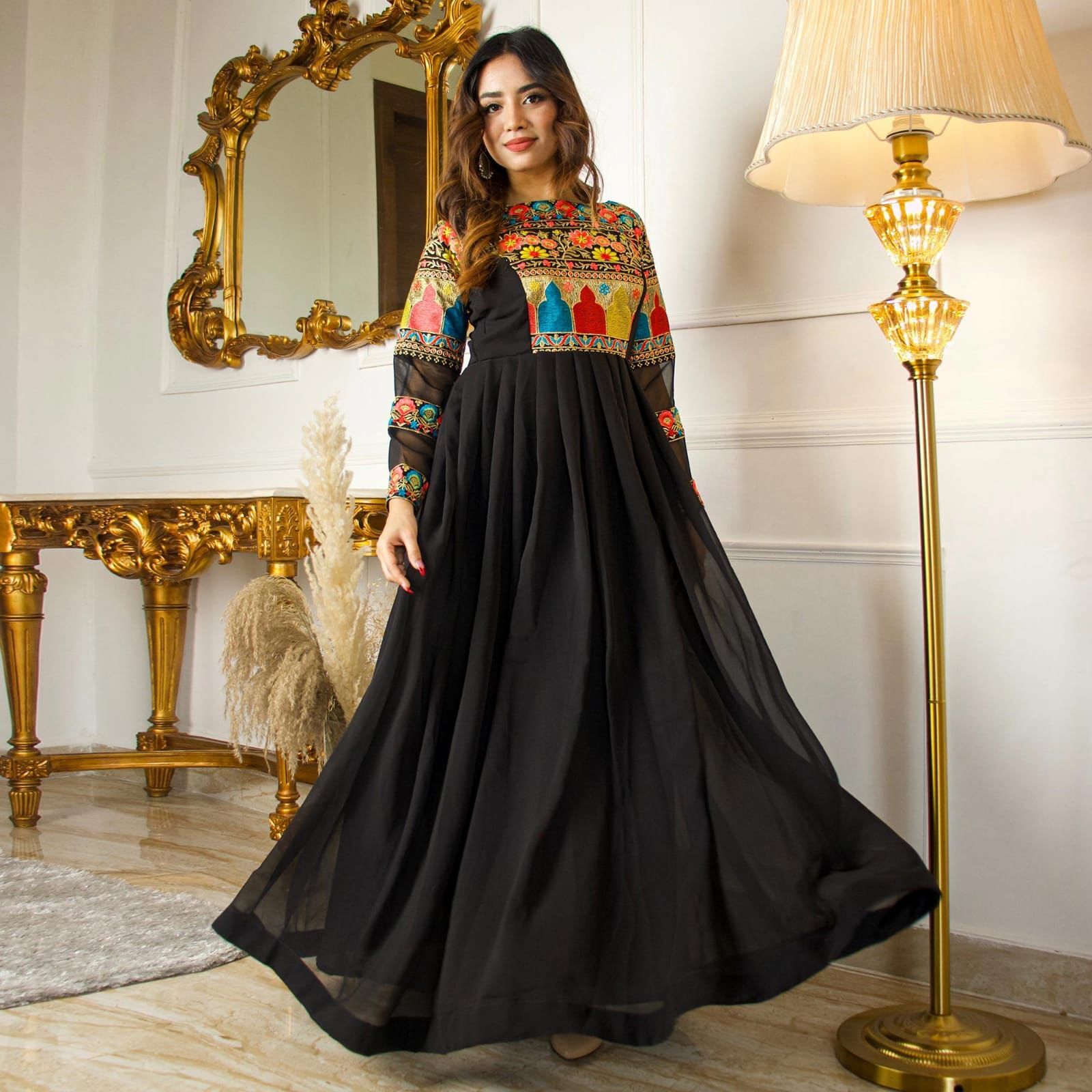 Premium Designer Gown - Cotton Lining, 56 Inch Length, Black | Flared 3.5 Mtr Flair, Full Sleeves, Multi Thread Embroidery, Washable
