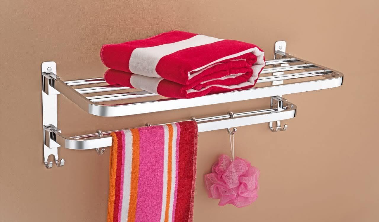 Towel Rack - Stainless Steel, Rectangular Shape | Glossy Silver Finish, Durable Design