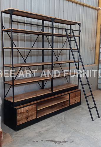 कैबिनेट के साथ सॉलिड मैंगो वुड बुकशेल्फ़