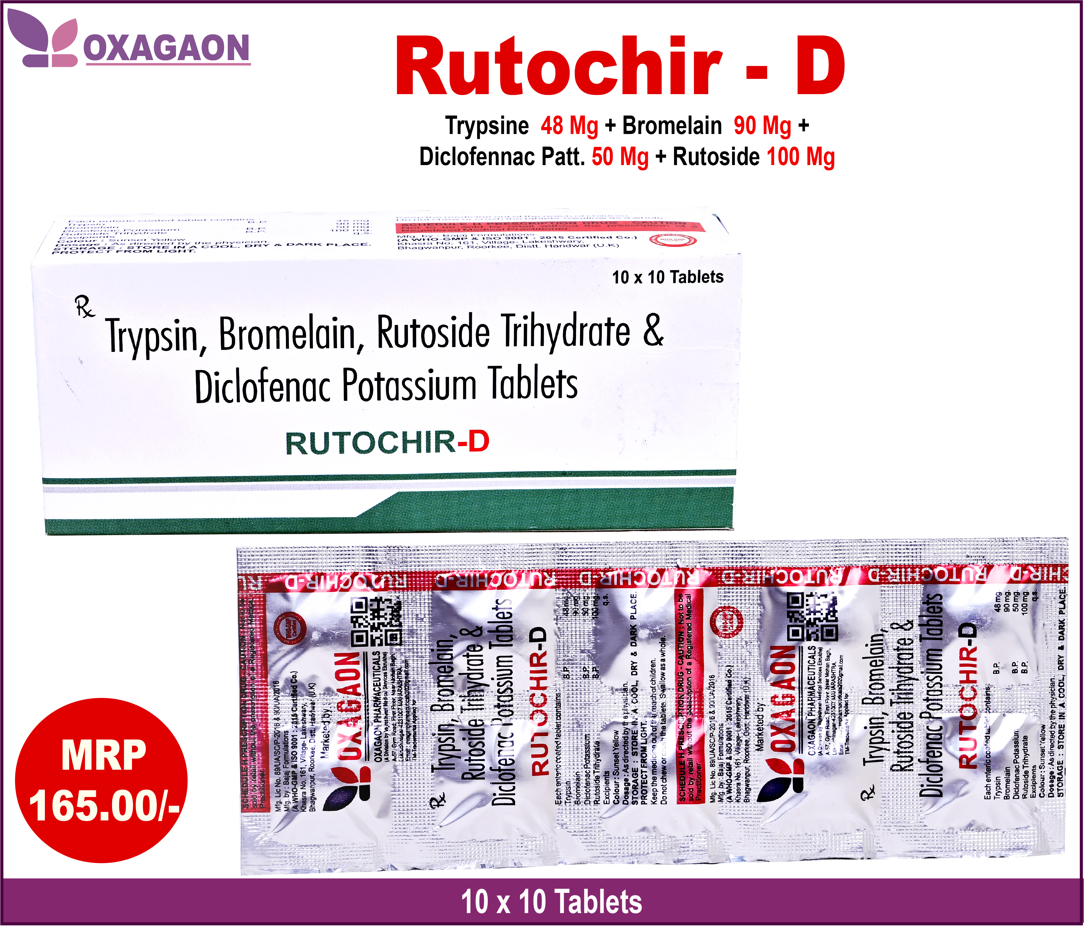 Rutochir D - 100mg Trypsin, Bromelain, Diclofenac, Patt. Rutoside Tablets | General Medicine, Normally Stored At Ambient Temperature, Packaged In 100 Boxes