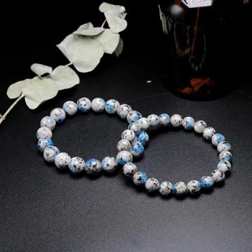 K2 Jasper Stone Bracelet - Round Shape, 6mm/8mm/10mm Sizes | White & Blue Gemstone For Love, Friendship & Gift Occasions, 20g Weight