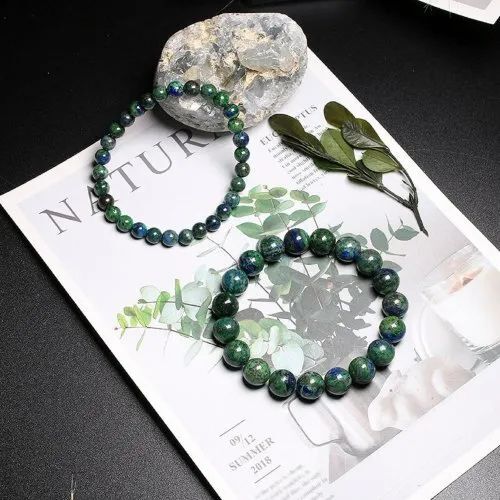 Azurite Malachite Stone Bracelet - Round Stones 6mm, 8mm, 10mm | Green Gemstone For Love, Friendship, And Gifting, 20 Grams Weight
