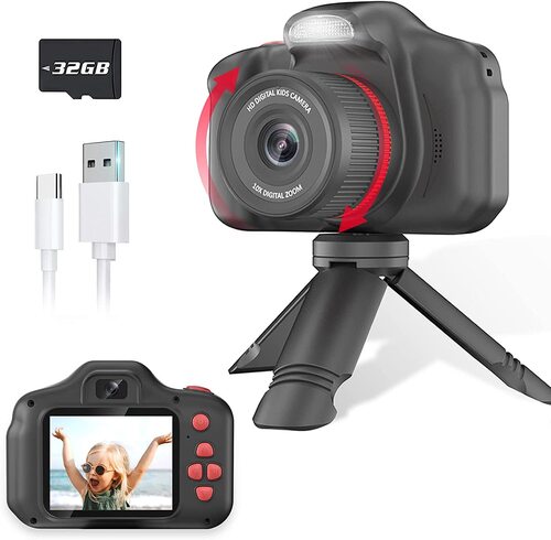 Black Upgrade Rotary Zoom Kids Selfie Camera Digital Video Cameras Portable Camera Toy