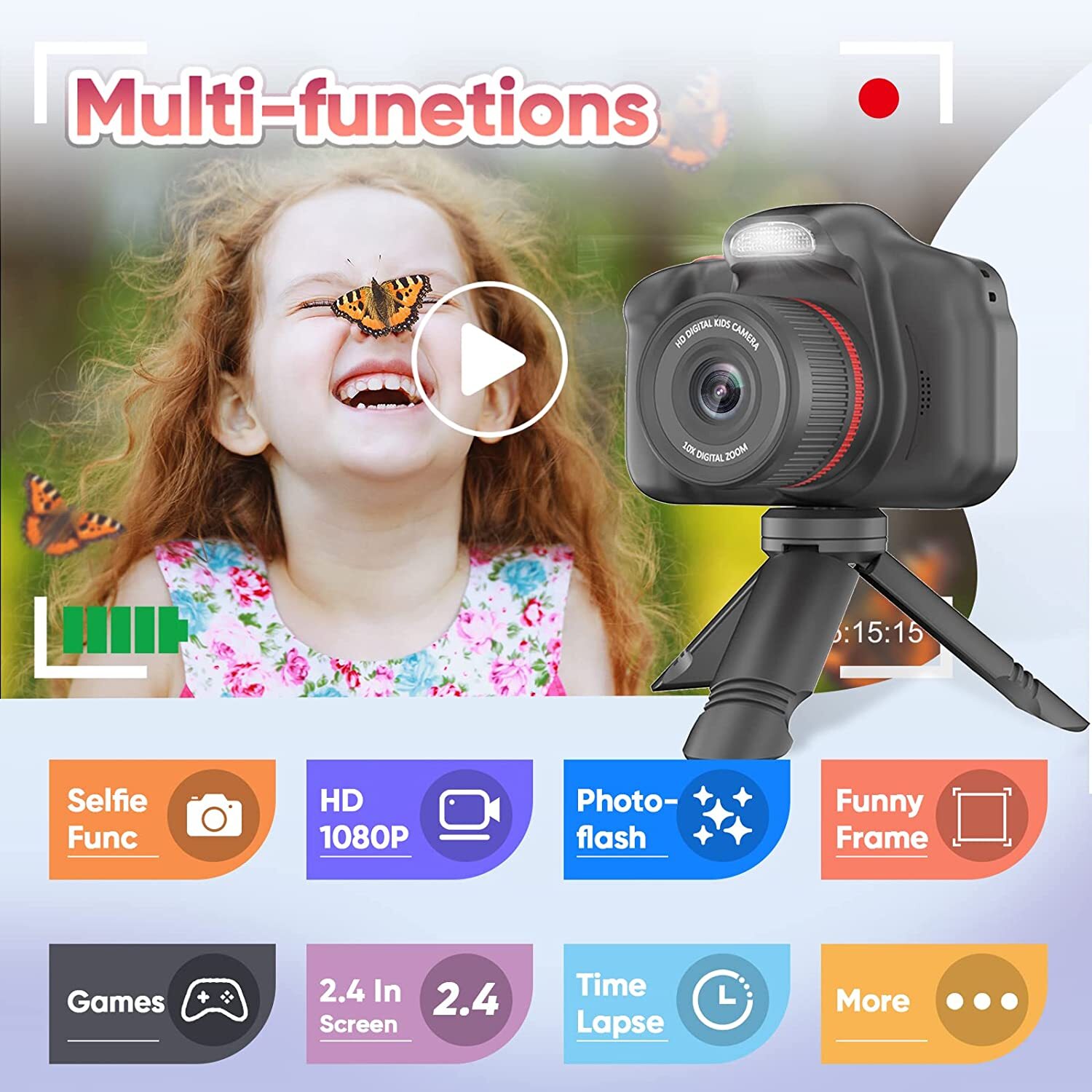 Black Upgrade Rotary Zoom Kids Selfie Camera Digital Video Cameras Portable Camera Toy