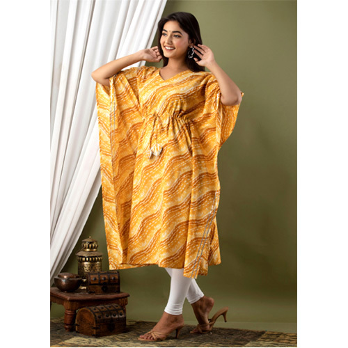 Mustard Cotton Kaftan - Customized, L, M, XL, XXL Sizes | Washable, Printed Pattern for All Season