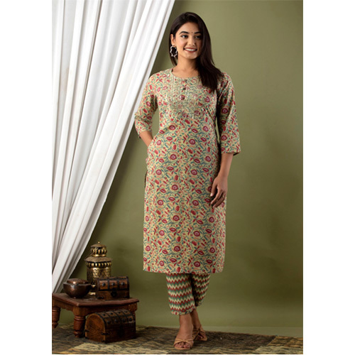 Olive Printed Cotton Kurti And Pant Set - Cotton Material, Customized Size | All Season Wear, Stylish Printed Design