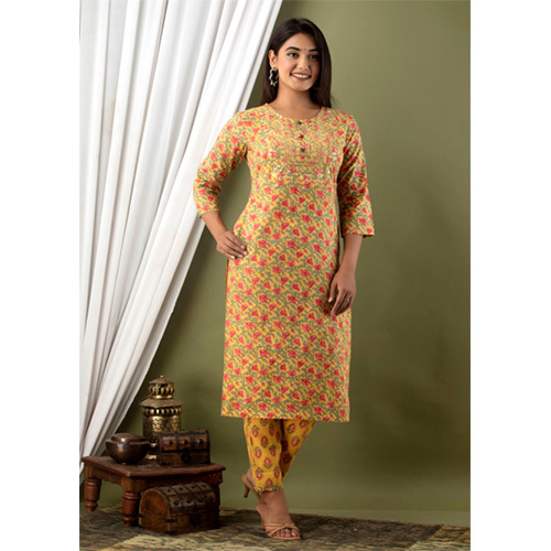 Mustard Printed Cotton Kurti And Pant Set - Cotton Material, Customized Size, Printed Design | All Season Washable Wear