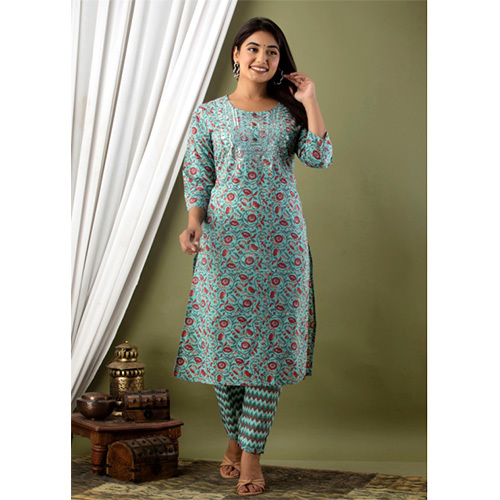 Teal Printed Cotton Kurti And Pant Set - Cotton Material, Customized Size, All Season Wear, Printed Design | Machine Washable Comfort