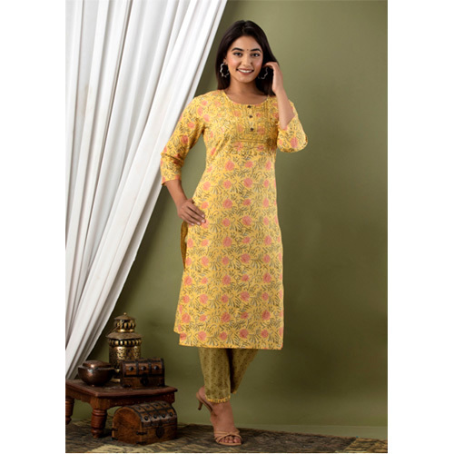 पॉकेट के साथ फैंसी कॉटन कुर्ती और पैंट सेट