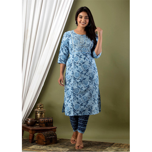 Blue Printed Cotton Kurti And Pant Set - Customized Size, All Season Wear | Washable, Soft Cotton, Vibrant Printed Design