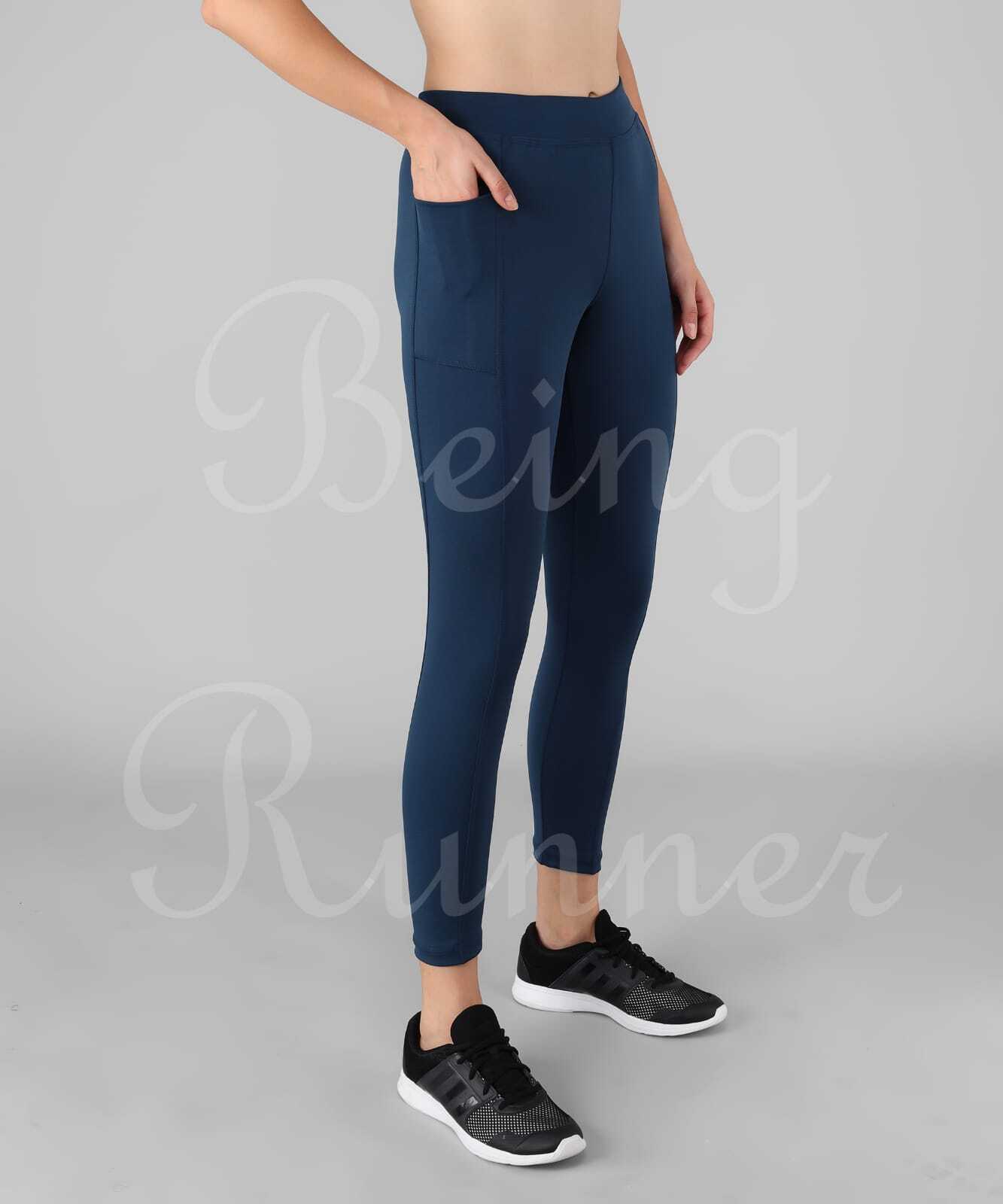 Being Runner - Polyester Nylon Yoga/gym Tights | Blue, Full Stretchable Fit With Phone Pocket, Skin-friendly, Cool Max, For Women
