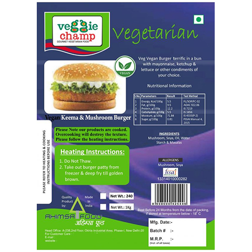 Vegan Keema And Mushroom Burger Patty - 240g Weight | Ingredients: Soya, Mushroom, Spices & Salt, Taste: Spicy, Packaging: Bag