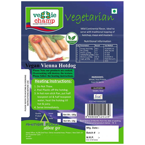 Vegan Vienna Hot Dog - 180g Baked Plant-based Hot Dog , Customizable Packaging In Bags With Spicy Flavor And Plant Protein Blend