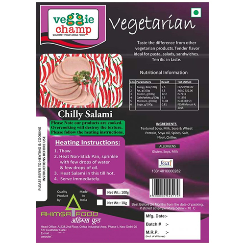 Veg Chilly Salami - 100g, 7.90% Fat, 19.06% Protein, 8.90% Carbs, Spicy Taste, Solid Form, Round Shape | Textured Soya, Milk, Soya Oil, Spices