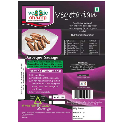 Veg Barbeque Sausage - 180 G | Ingredients: Textured Soya, Milk & Wheat Protein, Baked, Spicy Taste, Custom Bag Packaging