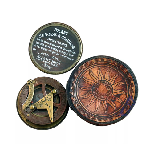 ब्राउन ब्रास ड्रम सनडायल कैलेंडर कम्पास एंटीक ब्रास सनडायल कम्पास लेदर केस कैम्पिंग हाइकिंग कम्पास के साथ इलियट ब्रो