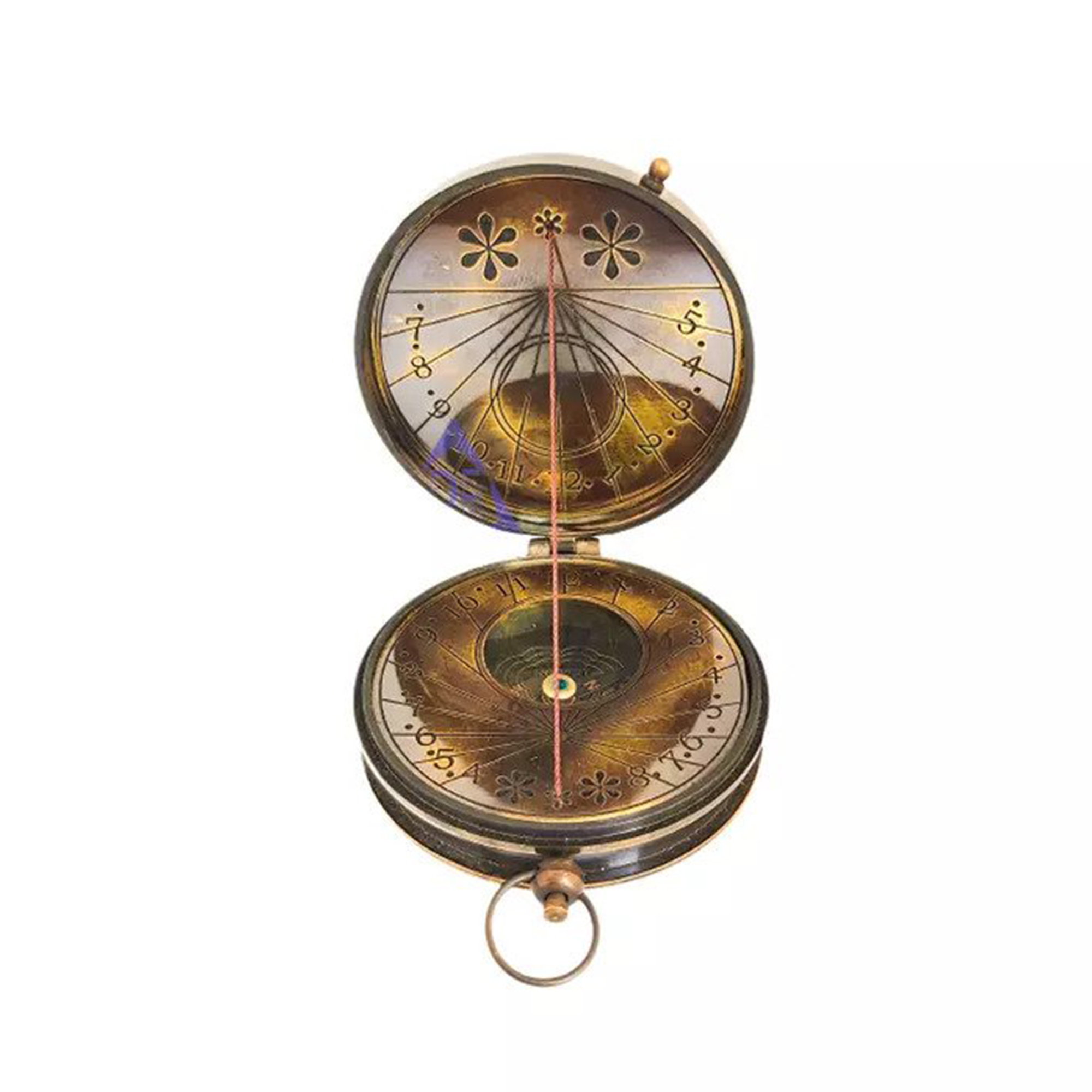 Brown Royal Navy London Brass Pocket Sundial Compass Handmade Nautical String Compass Outing Camping Hiking Compass