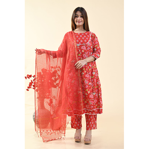 Printed Cotton Kurti With Pant And Dupatta Size: Extra Large